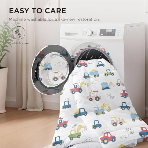 Image of Anjali Overseas 200 GSM 400 TC Kids Glace Cotton Reversible Cartoon Printed Double Bed King Size Comforter with Matching Bedsheet 90 * 100 with 2 Pillow Covers Set of 4 Pieces. Truck