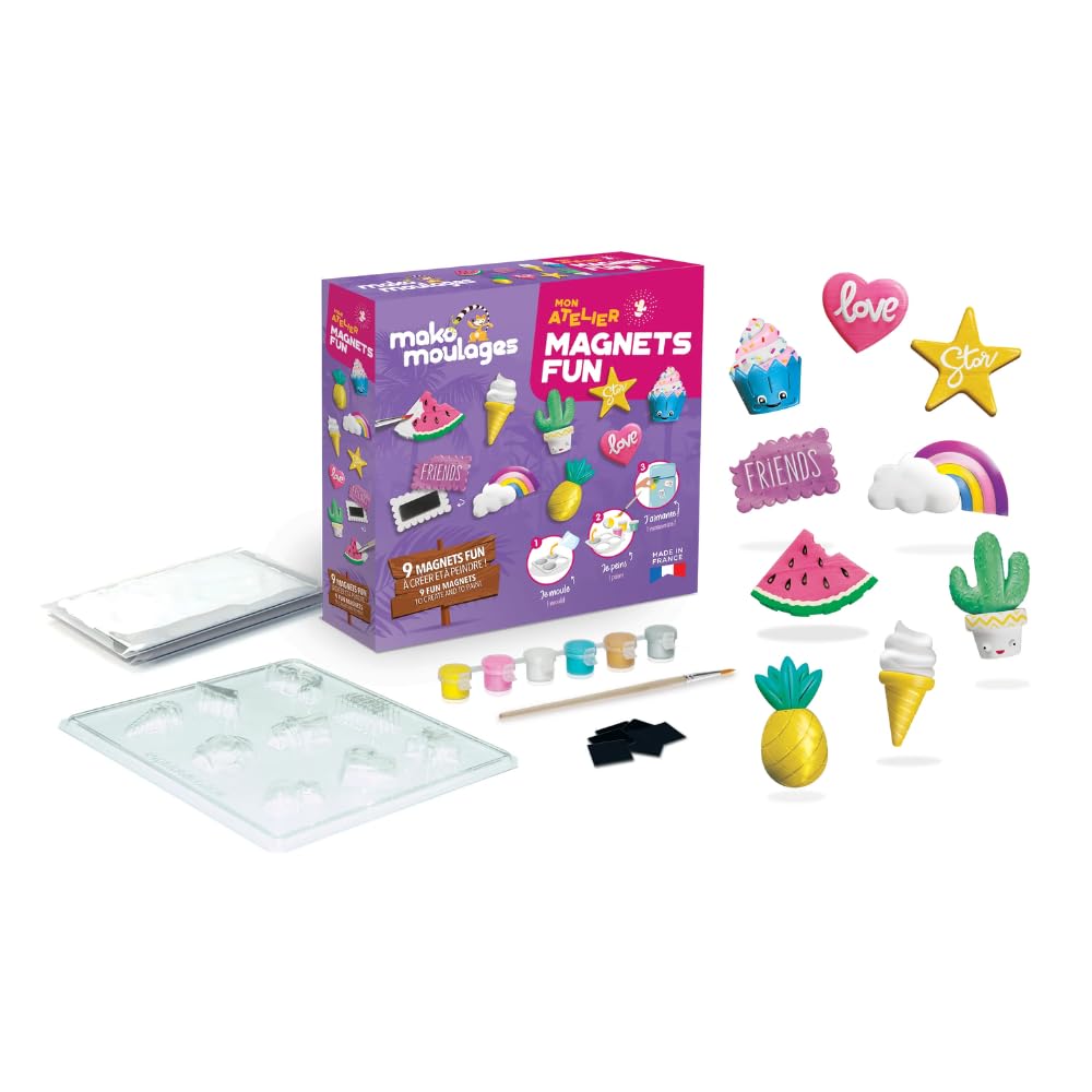 Mako Moulages – Mon Atelier Magnets Fun – kit de Loisirs créatif - Plâtre et Peinture – 9 empreintes en plastiques – Activité Manuelle - Made in France - A partir de 5 Ans – 39119
