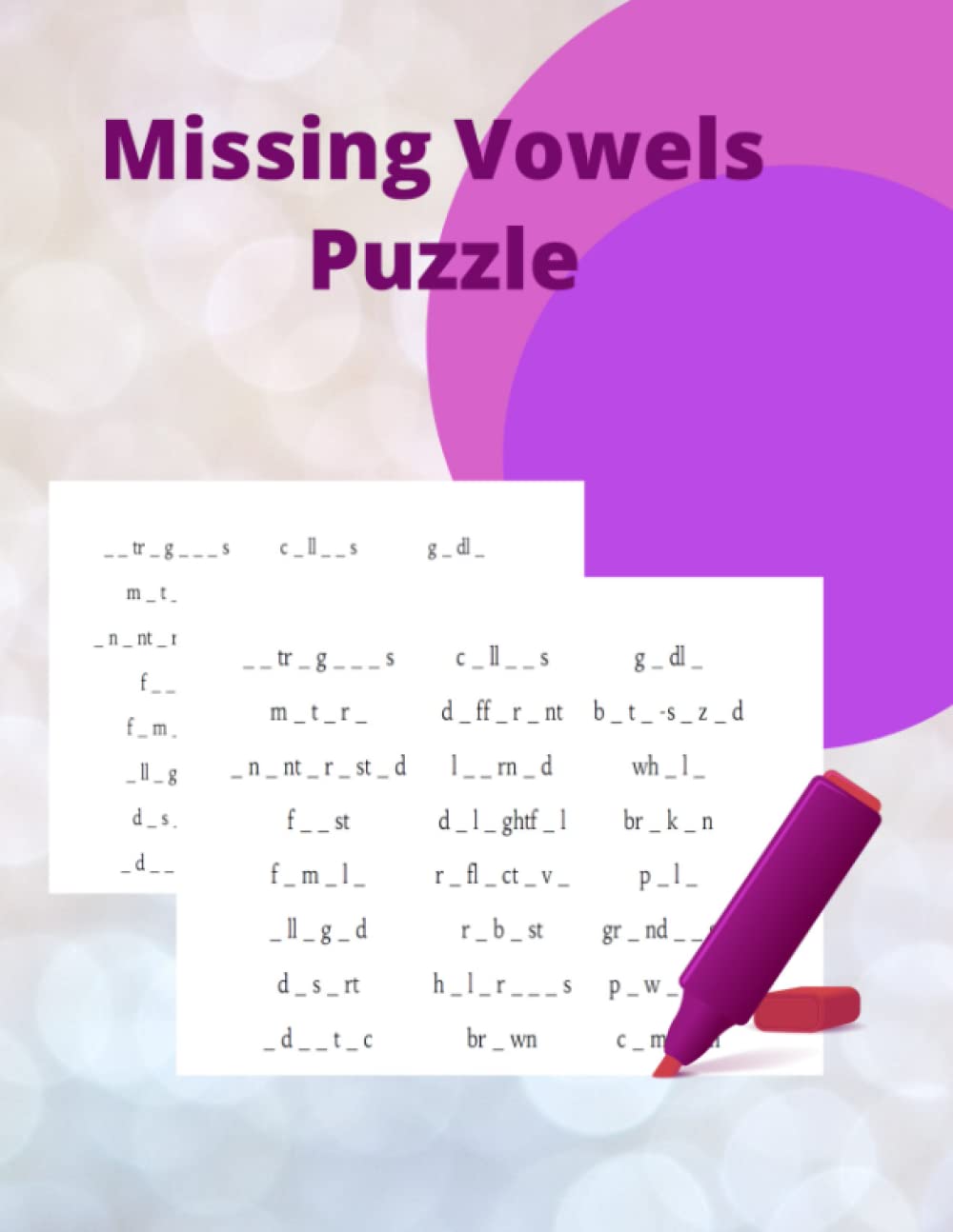 Missing Vowel Puzzle: Book | Puzzle | Great Activity | For Adults and Kids | 8.5x11