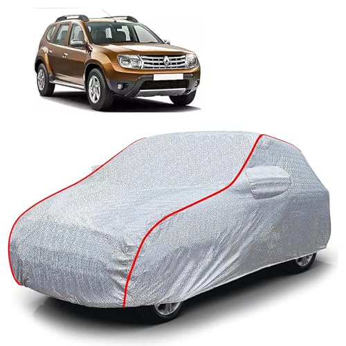 Image of Sulfar 100% Waterproof Car Body Cover Compatible with Mirror for Renault Duster (Triple Stitched, Full Bottom Elastic, Magic Silver with Red Piping)