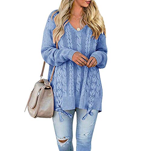 Shybuy Womens Pullover Sweaters Plus Size Cable Knit V Neck Lace Up Long Sleeve Fall Jumper Tops Women's Petite Pullover Sweaters (Blue, XL)