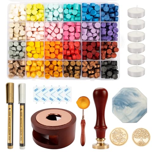 Kit Di Timbri Per Ceralacca Da 600 Pezzi | 24 Colori Di Perle, 2 Timbri Intercambiabili, Cucchiaio E Candele Incluse