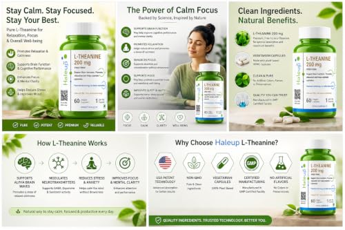 Image of L-Theanine 200 mg | High Bioavailability Formula | Promotes Calm, Focus & Relaxation | Haleup USA, 240 capsules (60 count X 4)