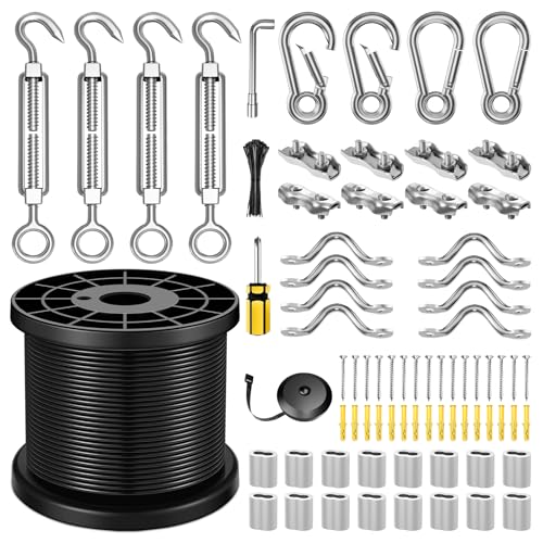 TESSKY String Light Hanging Kit with 200FT Vinyl Coated Stainless Steel 304 Wire Rope Suspension Kit Included Enough Accessories with Turnbuckles and Hooks for Patio, Garden and Wedding Lighting