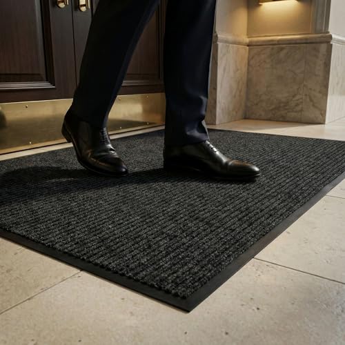 Image of Restaurantware-Comfy Feet 60 x 36 Inch No-Slip Floor Mat, 1 Ribbed Carpet Utility Mat - Indoor and Outdoor, For Homes Or Offices, Black Polyester Fibers Entry Mat, Vinyl Backing, Easy To Clean