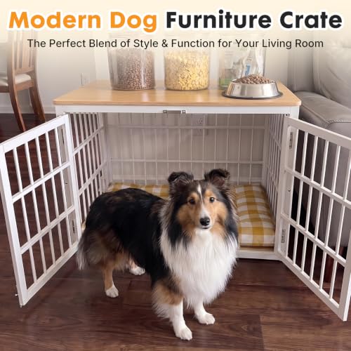 Image of NEWBULIG 42 Inch Dog Crate Furniture for Large Dogs, Space Saving Pet House End Table with Double Lock Door, Heavy Duty Indoor Kennel for Living Room, White & Wood