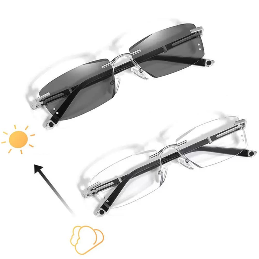 Herren Lesebrille HD Randlose Sonnenbrille UV Schutz Photochrome Lesehilfe Sehhilfen Metallgestell Sonnenleser Anti Blaues Licht (Size : 2.0X)