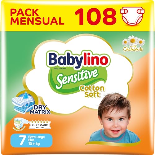 Babylino Sensitive Cotton Soft, Pañales Bebé Talla 7, Extra Large plus (15+ kg), 108 Pañales