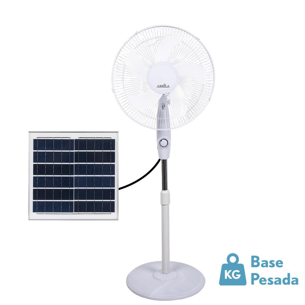 ABRILA - Ventilador de Pie Solar DC FRONTERA | Color Blanco con cinco Aspas | 3 Velocidades Ajustables | Incluye un Panel Solar | Equipado con Puerto USB y Mando a Distancia | Cabezal 2 Funciones
