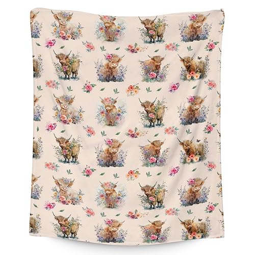 Mercuryelf Highland Cow Throw Blanket - Soft, Fuzzy & Warm - 60x80 Inches Flannel Blankets for Bed, Couch - Beige Cute Throws Gift for Adults