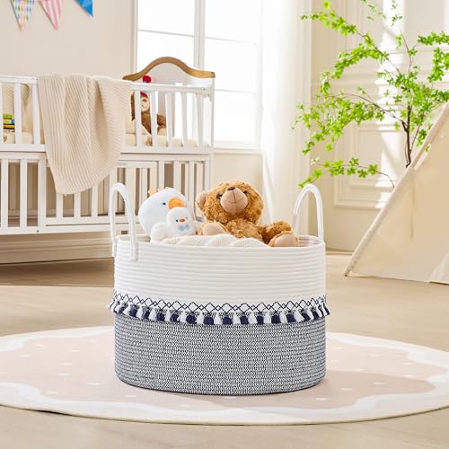 Image of KAKAMAY Cotton Rope Storage Basket (20 inchx13 inch),Woven Hamper for Blankets,Toys,Pillows,Clothes,Laundry,Sturdy Handles Decorative Basket for Living Room, Bedroom,Nursery(Blue Printing)
