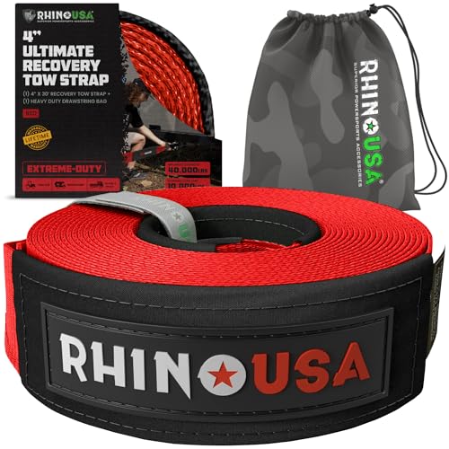 Image of Rhino USA Recovery Tow Strap (4 inch x 30') - 40,320lb Break Strength - Emergency Recovery Strap Tow Rope for Diesel Trucks, Backhoe, Excavators & More - Heavy Duty Towing Strap for Offroad 4x4 Use (Red)