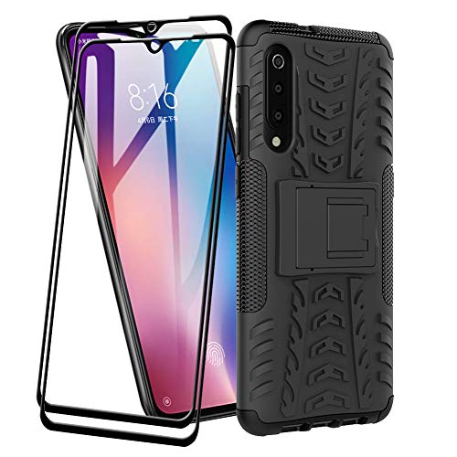 FANFO® Funda para Samsung Galaxy A30s de Silicona y PC Antigolpes Carcasa Protectora Anti-arañazos y Antideslizante con Soporte Incoporado, Negro + 2 Piezas Protector de Pantalla