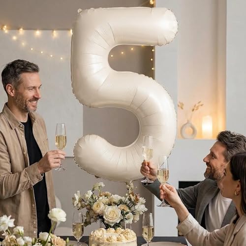 Image of Number Balloons for Birthday Decorations - 40 Inch Large Party Balloons 5, Cream Foil Number Balloons for Boys Girls, Balloons for Party Supplies