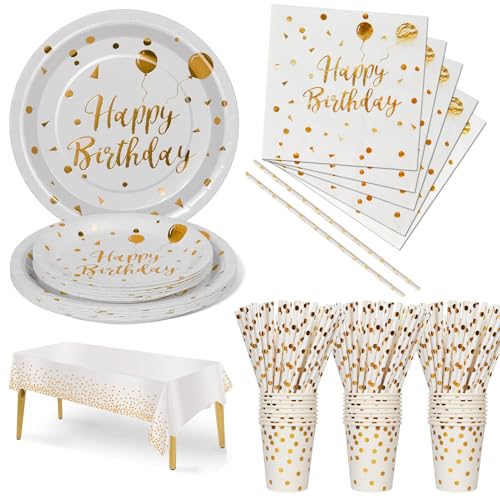 Nkaiso Anniversaire Party Vaisselle,121pcs Blanc Or Kit Vaisselles Papier Assiette Tasse Serviette, Enfants Fête Anniversaire Décoration -24 invités
