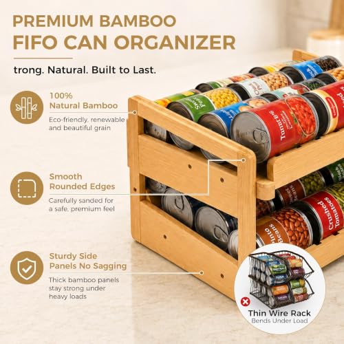 MinBoo-Bamboo-FIFO-Can-Organizer-for-Pantry-24-Can-Gravity-Dispenser-with-Adjustable-Dividers-Freestanding-Wood-Canned-Food-Storage-Rack-for-Soup-Soda-and-Pet-Food-155-W-x-116-D-x-94-H