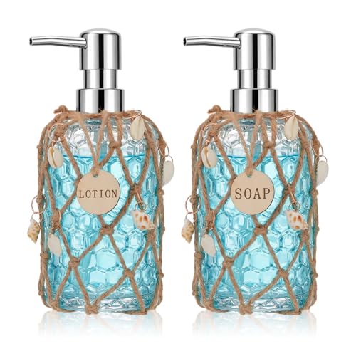 Acellegic 2 Set 16 oz Glass Soap Dispenser with Pump for Bathroom Decor Clear Refillable Hand Soap Dispenser Includes Wooden Sign Beach Seashell Decor and Hemp Rope for Kitchen Home Office