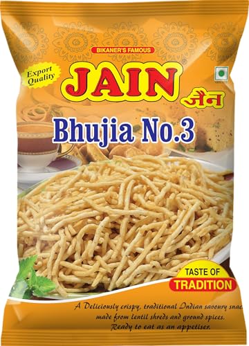 Image of JAIN Bikaneri Bhujia No.3, Soft Barik Bhujia Sev with Spicy Flavor, Size - 500g, Handmade, No Palm Oil