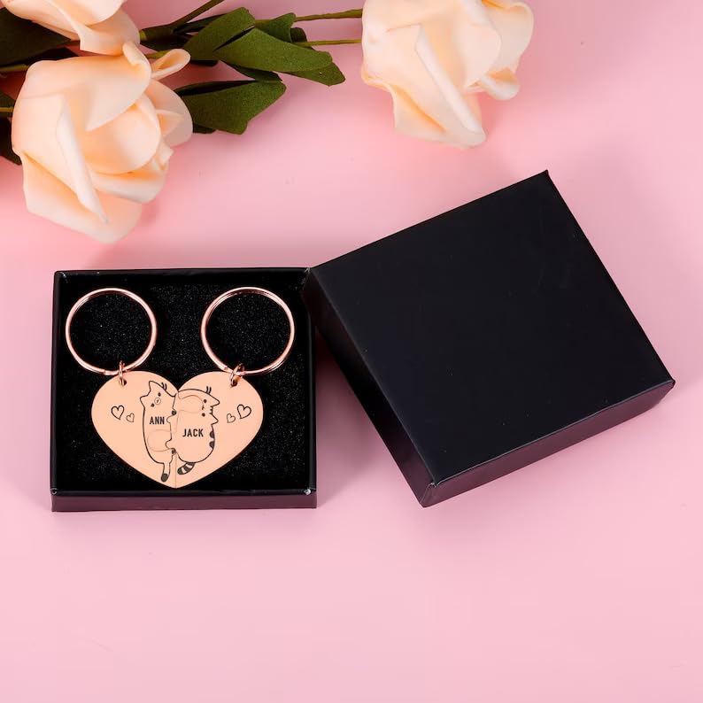 Image of Luigi Customise Valentine Keychain, Cute Cat Hug, Engrave Name Couple Keyring, Personalized Gift for Boyfriend /Matching Keychain