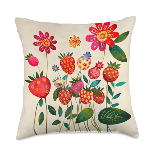 Folk Art Strawberries Whimsical Berry Floral Pattern Throw Pillow