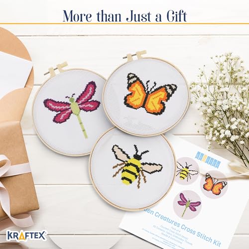 Image of Kraftex Floral Stamped Cross Stitch Kits for Beginners - 3 Pack. DIY Embroidery Needlepoint Patterns for Adults. Easy Cross Stitch Kits for Beginners (Garden Creatures)