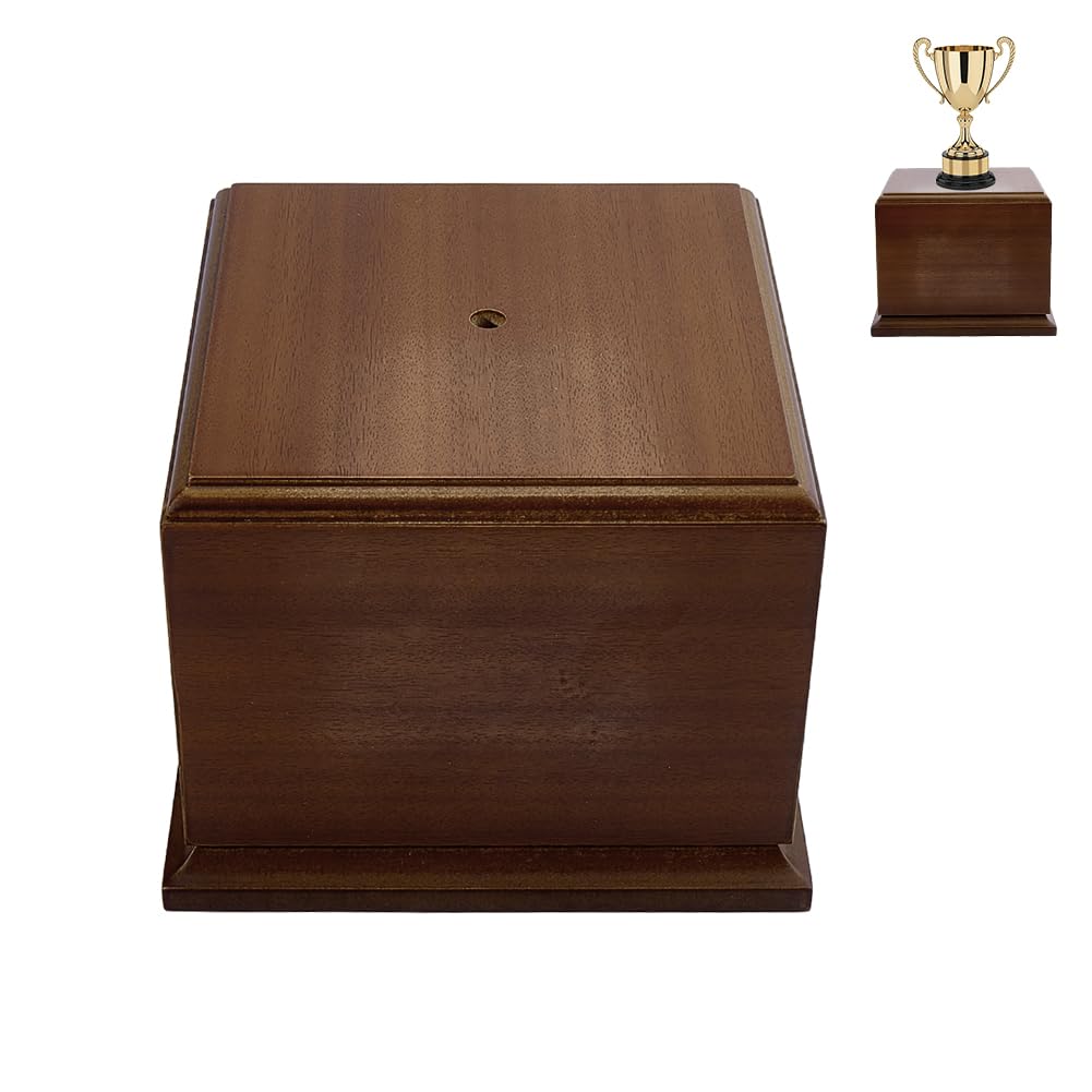 NBEADS 1 Pc Wooden Trophy Base, Square MDF Display Pedestal with Center Hole Heavy-Duty Riser Stand for Trophies Awards Figurines 3D Prints DIY Crafts, Saddle Brown, 16.6x16.6x12.7cm