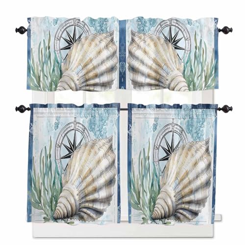 Coastal Ocean Kitchen Curtains 24 Inch Length, 3 Piece Rod Pocket Small Half Tiers and Valance Set, Summer Nautical Compass Shell Seaweed Small Large Window Treatment Decor for Bedroom/Bathroom Sink