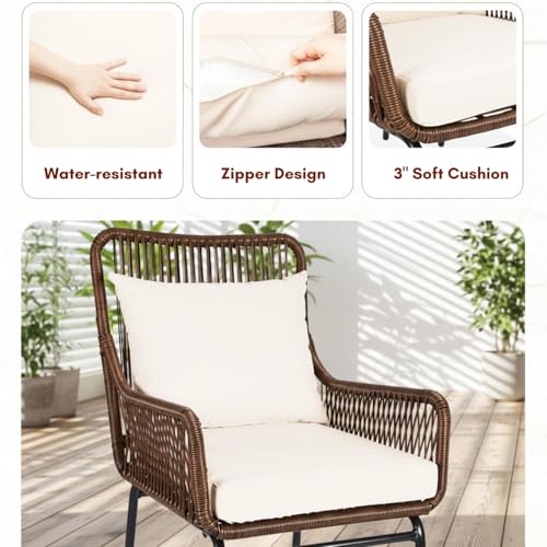 Image of DEVOKO Outdoor 3 Piece Patio Rope Chair Table Set All Weather-Resistant Cushion Handmade Furniture Perfect for Balcony, Garden, Patio, Terrace(Brown & Cream)