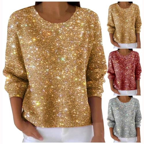 Parte superior brillante para mujer, fiesta, plata, camiseta con purpurina, blusa de manga larga con lentejuelas, blusa elegante con purpurina, parte superior de carnaval, cuello redondo, camiseta de