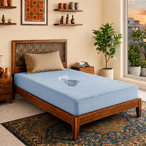 Image of Lithara Terry Cotton Fitted Mattress Protector for Single Bed | Waterproof & Elastic Band | Ultra Soft & Hypoallergenic Mattress Cover | Size : 48 x 72 Inches (4 x 6 Feet) | (Sky Blue)