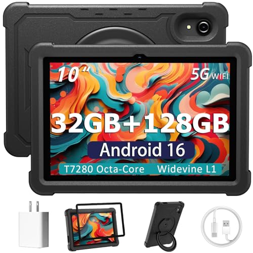 HUIHUANG Tablet 10 Inch Android 16 Tablet, 32GB RAM 128GB ROM, 1TB Expansion, T7280 Octa-Core, Tough Tablet Large Capacity Battery, Dual Camera, 5G/2.4G WiFi, Bluetooth 5.2, GPS - Black (Black)