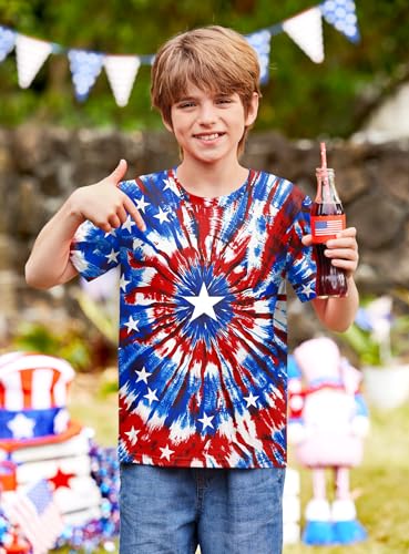 Image of BesserBay Unisex Kids 4th of July American Flag Tee Tie Dye Patriotic Short Sleeve Shirt 6-14 Years