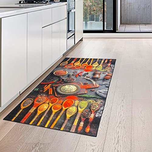 Teppich-Traum Küchenläufer mit rutschfestem Gelrücken waschbar mit Kochlöffeln und bunten Gewürzen, 80 x 150 cm