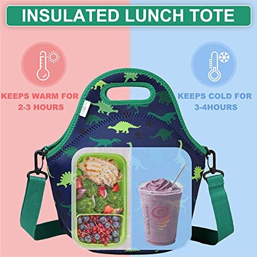 VASCHY Lunch Bag for Kids, Neoprene Lightweight Lunch Box Bag for Boys and Girls to School Daycare Kindergarten with Detachable Shoulder Strap (Green Dinosaur)