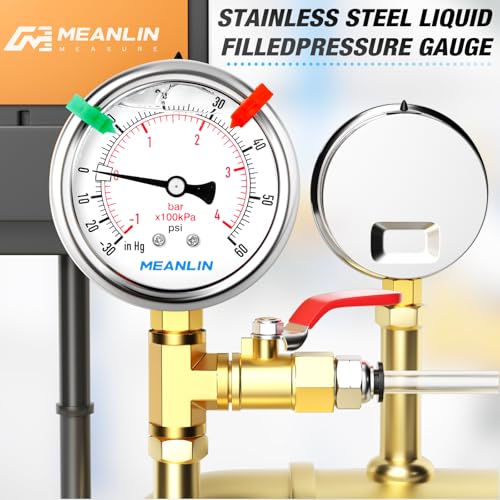 Image of MEANLIN MEASURE -30inHG~60Psi Vacuum Pressure Gauge 1 /4 inch NPT 2.5 inch FACE DIAL, Stainless Steel Liquid Filled Pressure Gauge WOG Water Oil Air Lower Mount (with 2PCS Snaps)