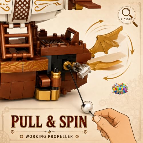 Image of Yashoni Airship Building Blocks Set - 185 Pcs Steampunk 2-in-1 Model Kit | Pull String Propeller Action, STEM Construction Toy for Kids 6+ Boys & Girls | Educational 3D Building Kit, Gift