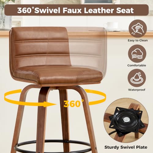 Image of Swivel Bar Stools Set of 3,26 inch Faux Leather Counter Height Barstools with Back,Mid Century Modern Upholstered Bar Chairs with Bentwood Legs Island Stools for Kitchen Counter Brown