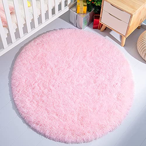 Yj.gwl Fluffy Round Rug Nursery Rug, Pink Circle Rug Kids Rug For Playroom, Fuzzy Rug Circular Carpet For Bedroom Living Room, Shaggy Rug For Cute Room Decor For Baby Teen Girls, 4 X 4 Feet #TOP7