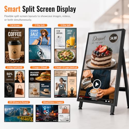 Image of 32 inch Digital Signage Display, 700nits Portable Digital Signage, LCD Advertising Display, Plug&Play, CMS, 24 /7 Operation, Split Screen, HDMI /USB /WiFi /Android with Auto Media Player for Restaurant, Cafe