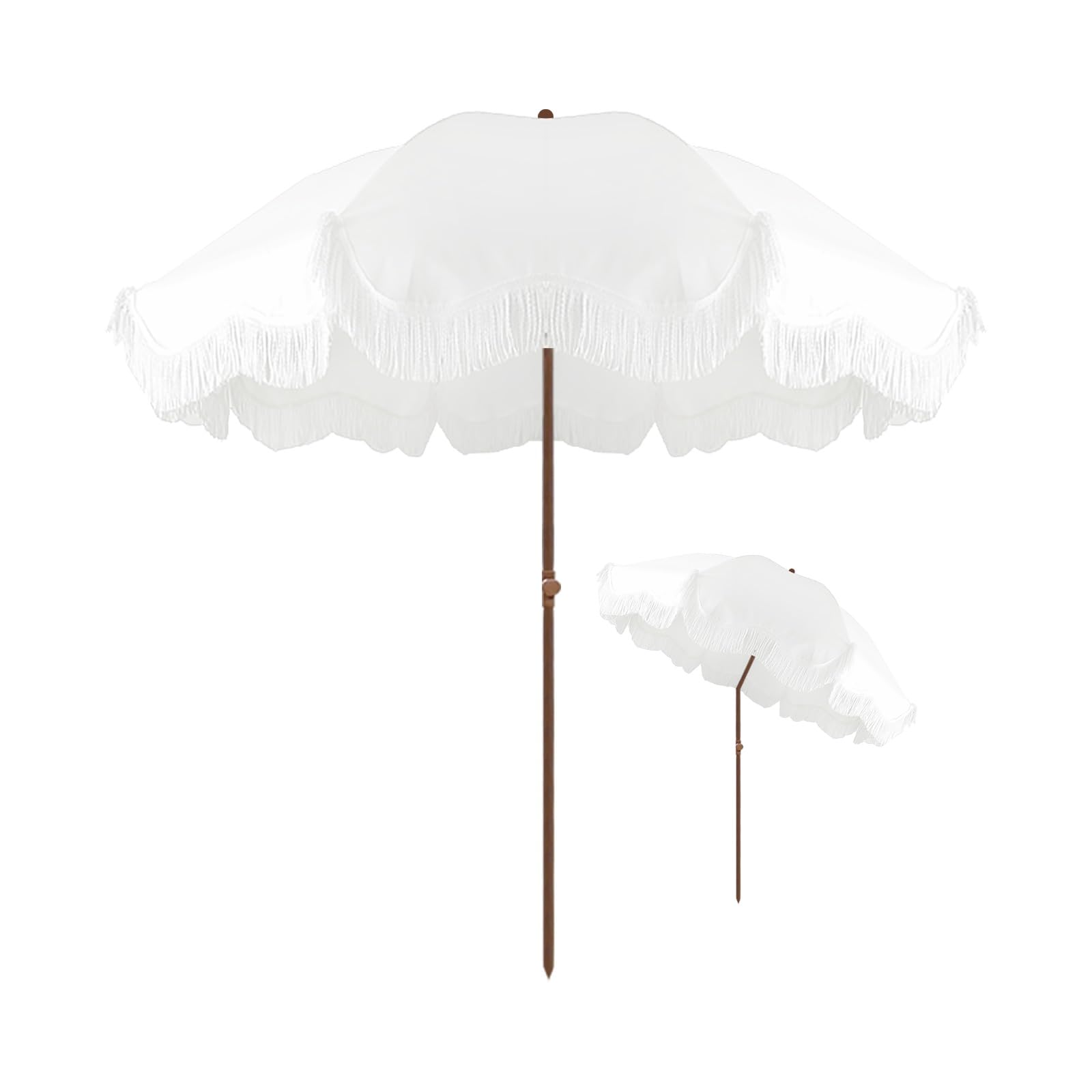 ELZEM 180cm Sombrilla Playa Antiviento Blanco Parasol Jardin Protección UV50+ Sombrilla Terraza Con Flecos Parasol Terraza Inclinable Para Terraza Jardin Piscina/Bolsa De Transporte 8 Varillas