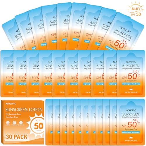 30 Pack Travel Size Sunscreen SPF 50 Bulk Mini Sunscreen for Face and Body Lightweight and Non-Greasy Travel Size for Summer Beach and Outdoor 0.19 OZ/Pack
