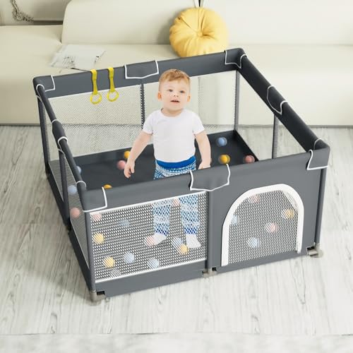 Image of Grobeybees Playpen for Babies and Toddlers, Large Baby Playpen, Baby Playard, Indoor & Outdoor Play Pen, Sturdy Safety Baby Play Yard with Soft Breathable Mesh (Grey)
