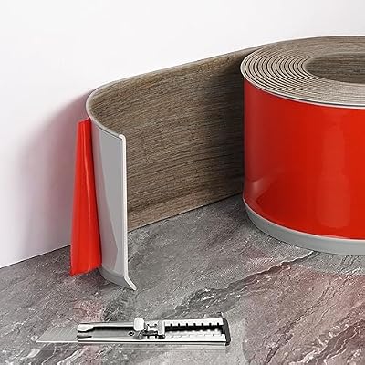 FOSLUOC Flexible Baseboard Molding Trim, 4-Inch x 20-Feet Self-Adhesive Vinyl Wall Base Cove Base, Peel and Stick Rubber Wall Base Baseboard Trim with 1 PC Utility Knife, Brown Wood Grain