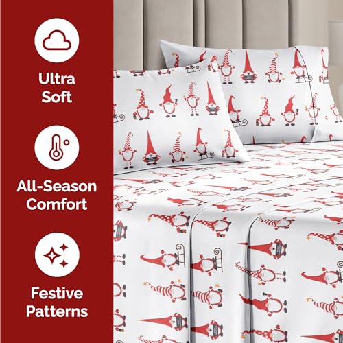 Twin Christmas Holiday Gnomes Red Sheet Set - Holiday Xmas Pattern Bedding Set - Deep Pockets - Snug Fit - 3 Piece - Wrinkle Free - Comfy Festive Winter - Holiday Sheets for Women, Men, Kids & Teens