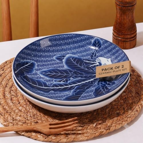 Image of Ceramic Dinner Plates, Blue Floral Printed Plates, Premium Ceramic Tableware, Microwave & Dishwasher Safe, Elegant Serving Plates for Home, Kitchen & Dining(Botanical Leaf Pattern, Pack of 2)