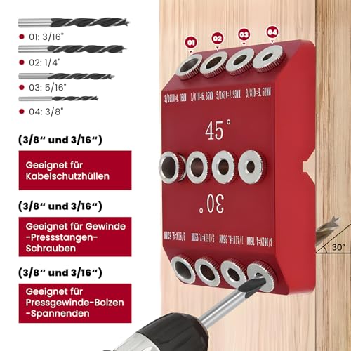 Winkelbohrloch-Führungslehre,30°/45°/90 ° Bohrschablone Ständer Halter für Abgewinkelte und Gerade Loch Halterung Senkrecht Dübelhilfe mit 4 Größen für Holzarbeiten oder DIY Projekt