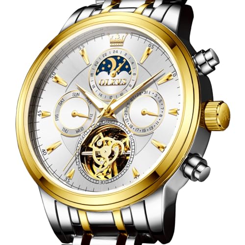 Image of OLEVS Men Automatic Skeleton Watch - Luxury Stainless Steel Calendar Moon Phase Mechanical Dress Wrist Watch with Luminous, Waterproof Self-Wind (Gold /Silver /Blue /Black)