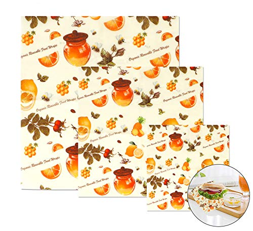 Lyeiaa Lot de 3 réutilisable Fraicheur de Cuisine de Cire d'abeille Wrap avec ingrédients Naturel Cire d'abeille Nourriture stratifiées avec FDA, sans BPA pour Nourriture