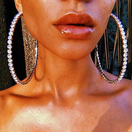 RELOVET Crystal Rhinestone Hoop Earrings Extra Large Thin Statement Skinny Sparkle Bling Drop Circle Dangle Silver Gold Statement for Women Party Dance Fashion Jewelry (silver)