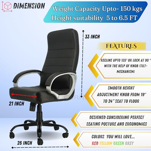 Image of NEWTURN� Rolex High-Back Ergonomic Office Chair - Premium Leatherette, Rolling, Tilt, Chrome Base, 2-Yr Warranty, Study, Work, WFH Comfort